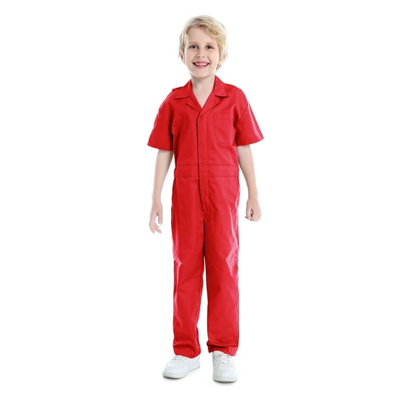 Toptie Boy's Coverall Child's Mechanic Halloween Costume Jumpsuit Short Sleeve-Red-9/10Y