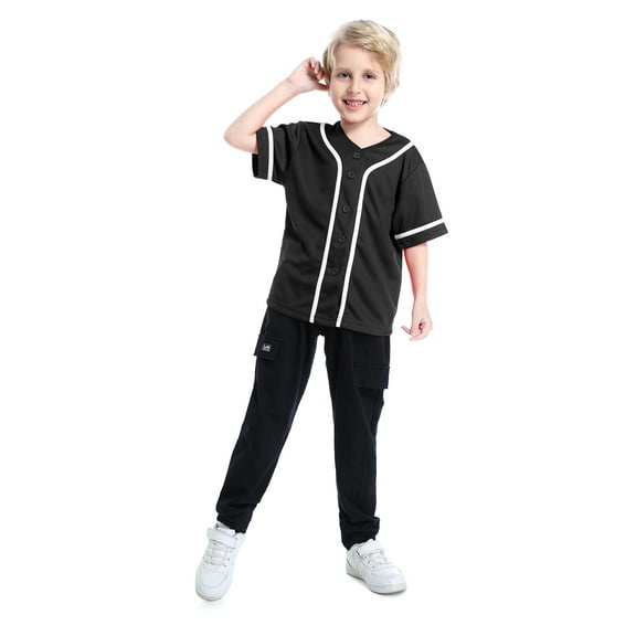 TOPTIE Boys Baseball Jersey, Kids Button Down Jersey T-Shirt Softball-Black White-8T
