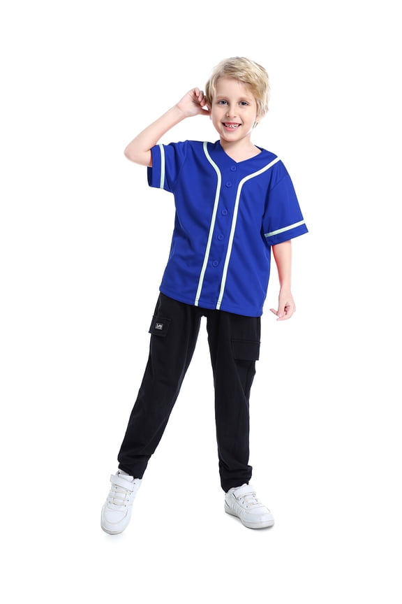 Boys Baseball Jersey, Kids Button Down Jersey T-Shirt Softball-Blue White-2T