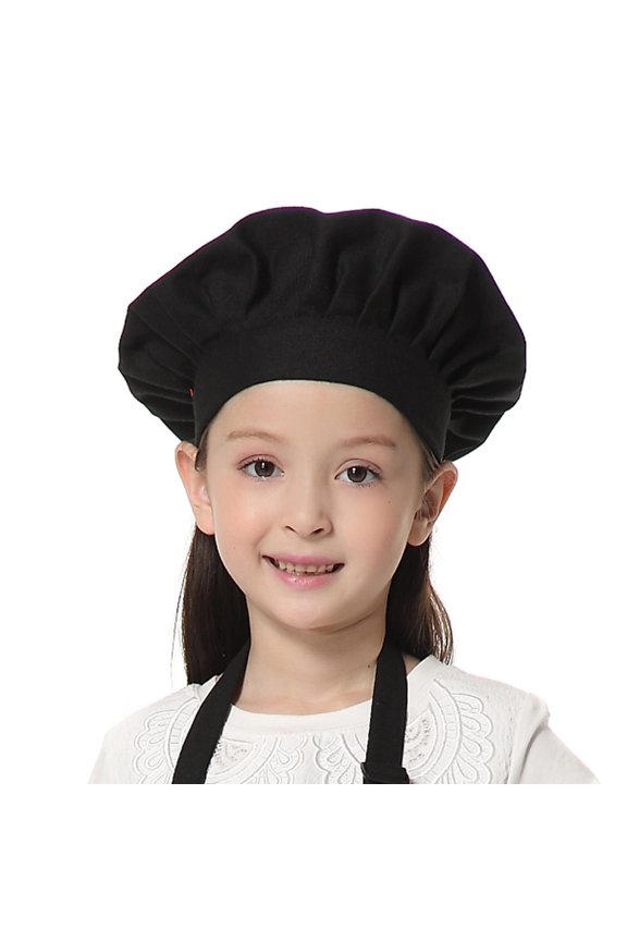 Chef Hat for Kid & Adult, Cotton Elastic Adjustable Kitchen Cooking Baking Hat-Black-L