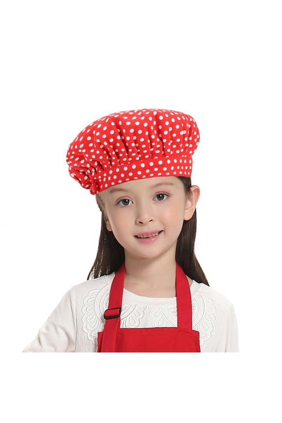 Chef Hat for Kid & Adult, Cotton Elastic Adjustable Kitchen Cooking Baking Hat-Red Dot-M