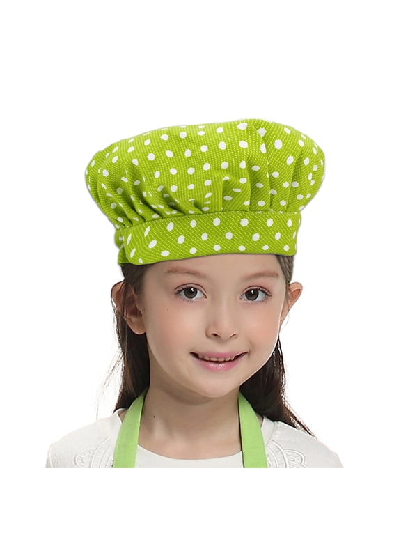 Chef Hat for Kid & Adult, Cotton Elastic Adjustable Kitchen Cooking Baking Hat-green dot-M