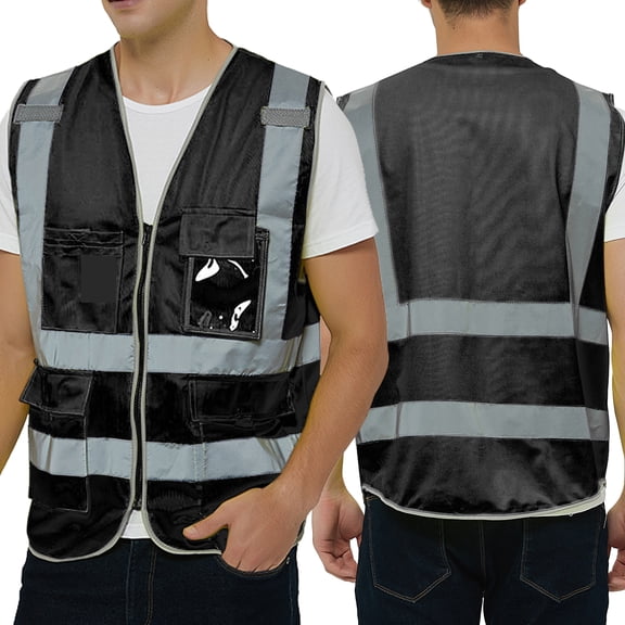 Toptie Class 2 High Visibility Zipper Front Safety Vest With 9 Pockets and Reflective Strips, Meets ANSI/ISEA Standards-Black-L