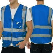 Toptie Class 2 High Visibility Zipper Front Safety Vest With 9 Pockets and Reflective Strips, Meets ANSI/ISEA Standards-Blue-L