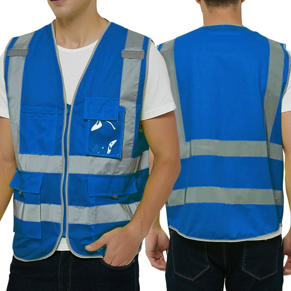 Toptie Class 2 High Visibility Zipper Front Safety Vest With 9 Pockets and Reflective Strips, Meets ANSI/ISEA Standards-Blue-XL