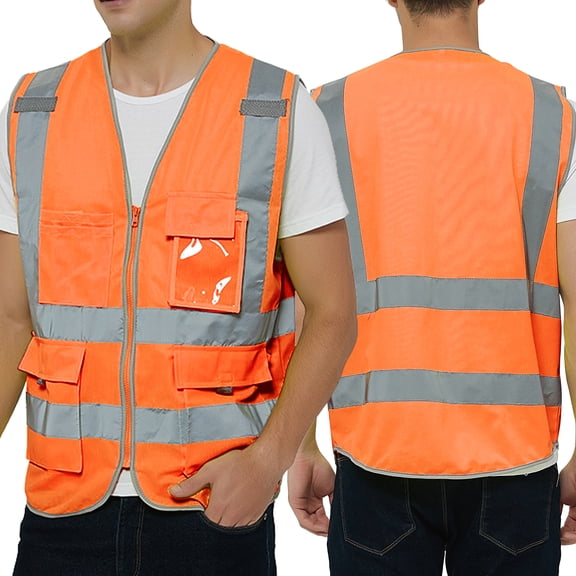 Toptie Class 2 High Visibility Zipper Front Safety Vest With 9 Pockets and Reflective Strips, Meets ANSI/ISEA Standards-Orange-XXL