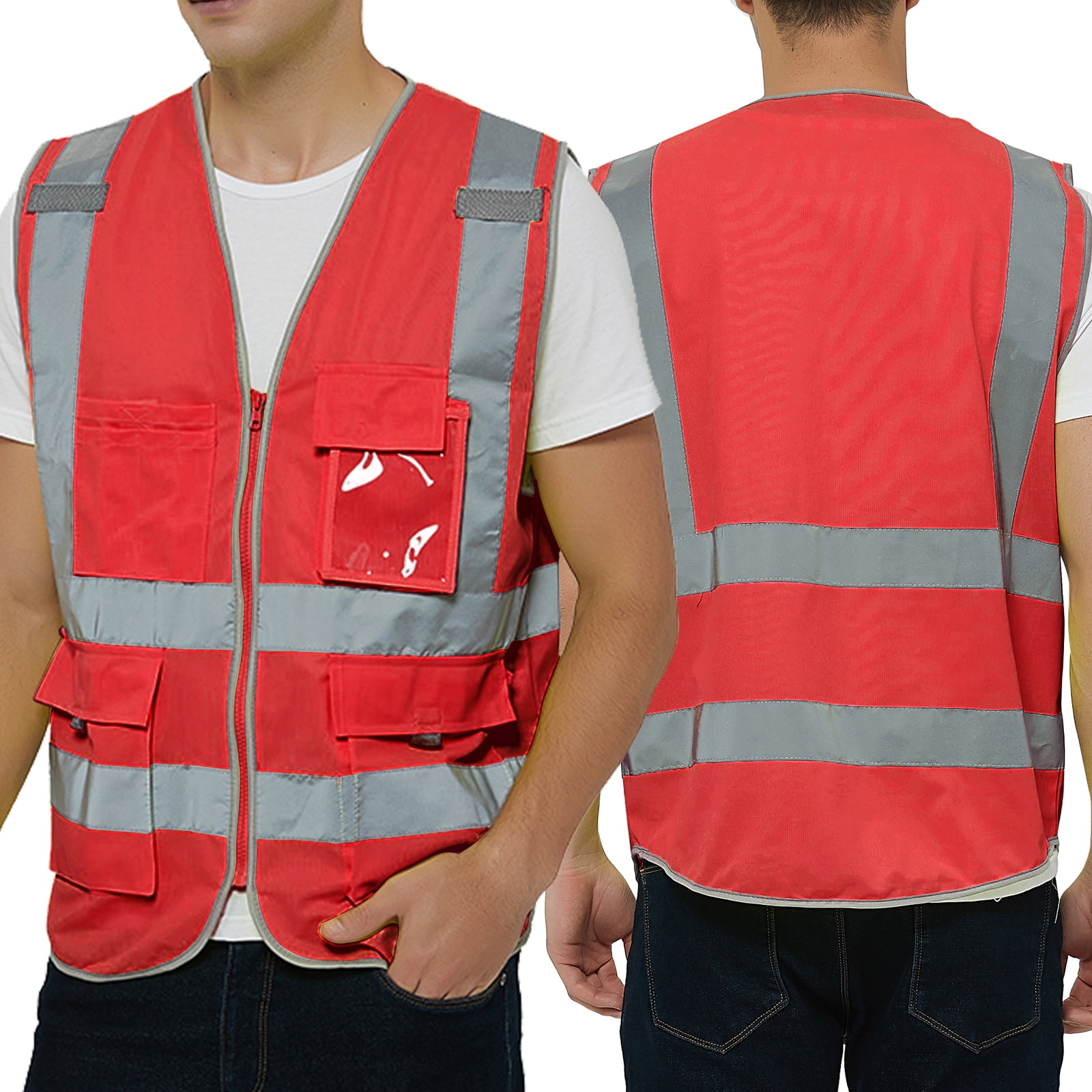 Toptie Class 2 High Visibility Zipper Front Safety Vest With 9 Pockets ...