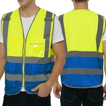 Toptie Class 2 High Visibility Zipper Front Safety Vest With 9 Pockets and Reflective Strips, Meets ANSI/ISEA Standards-Yellow/Blue-XXL