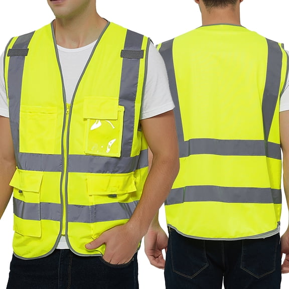 Toptie Class 2 High Visibility Zipper Front Safety Vest With 9 Pockets and Reflective Strips, Meets ANSI/ISEA Standards-Yellow-L