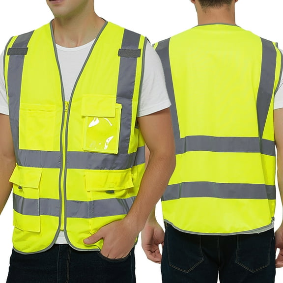 Toptie Class 2 High Visibility Zipper Front Safety Vest With 9 Pockets and Reflective Strips, Meets ANSI/ISEA Standards-Yellow-XXL