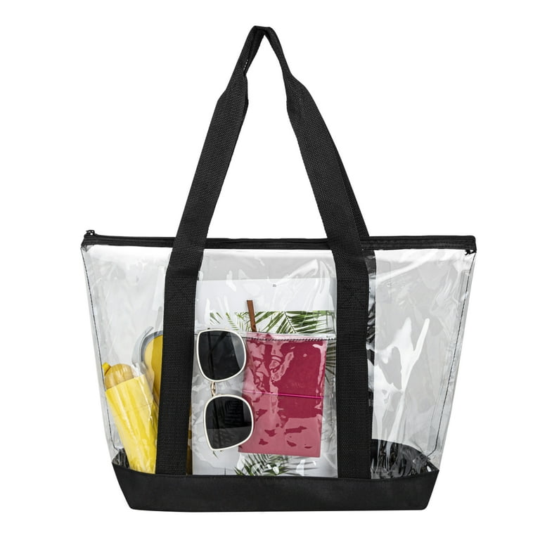 Toptie Clear Tote Bag Waterproof PVC Bag with Zipper Pocket Long Shoulder Strap Use for Beach Concert Shopping Black
