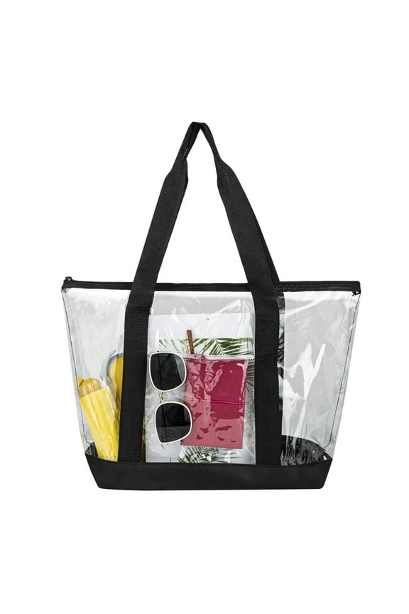 Clear Tote Bag, Waterproof PVC Bag with Zipper Pocket, Long Shoulder Strap, Use for Beach, Concert, Shopping-Black