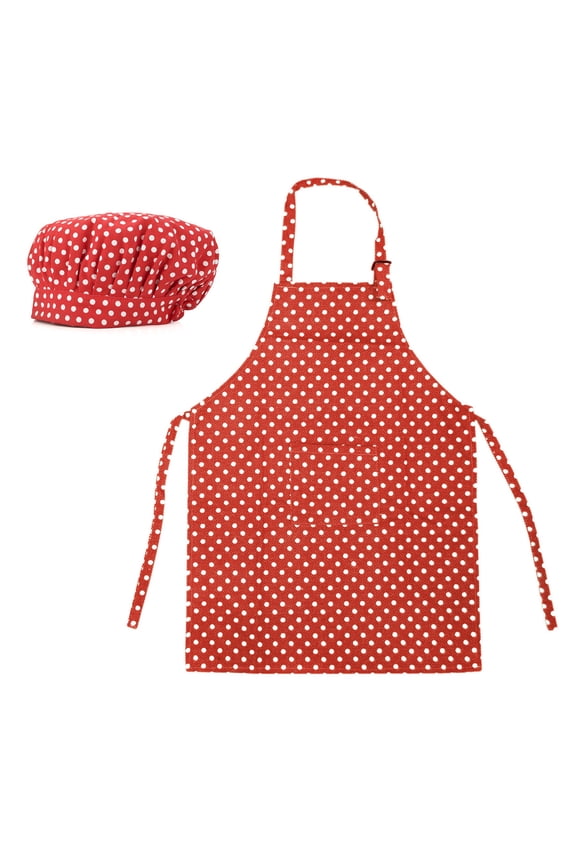 Colorful Cotton Canvas Kids Aprons and Hat Set, Party Favors-Red Dot-XL