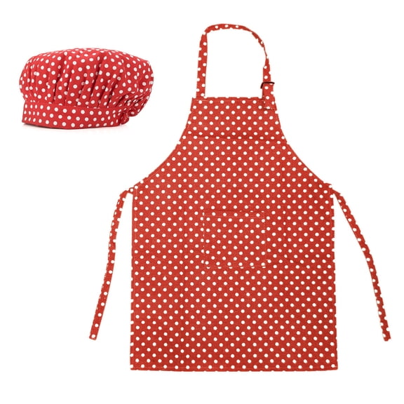 Toptie Colorful Cotton Canvas Kids Aprons and Hat Set, Party Favors-Red Dot-XL
