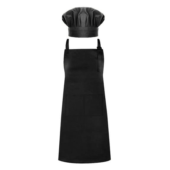Toptie Cotton Canvas Adjustable Apron Chef Hat Set for Men and Women-Black-L