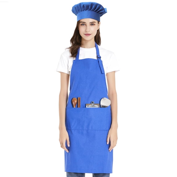 Toptie Cotton Canvas Adjustable Apron Chef Hat Set for Men and Women-Blue-XL