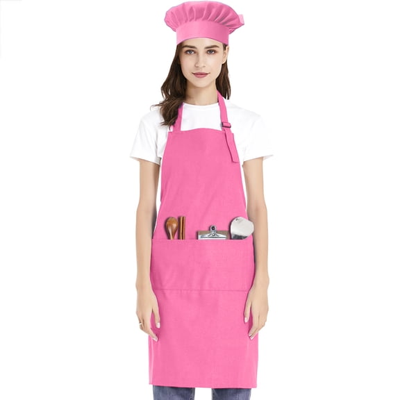 Toptie Cotton Canvas Adjustable Apron Chef Hat Set for Men and Women-Hot Pink-L