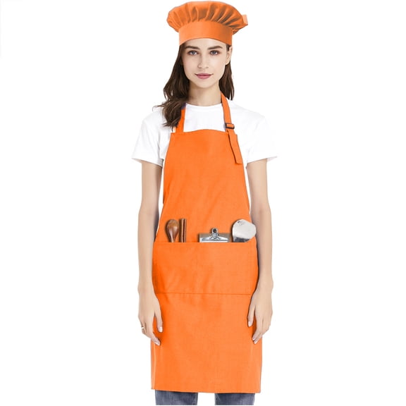 Toptie Cotton Canvas Adjustable Apron Chef Hat Set for Men and Women-Orange-XL
