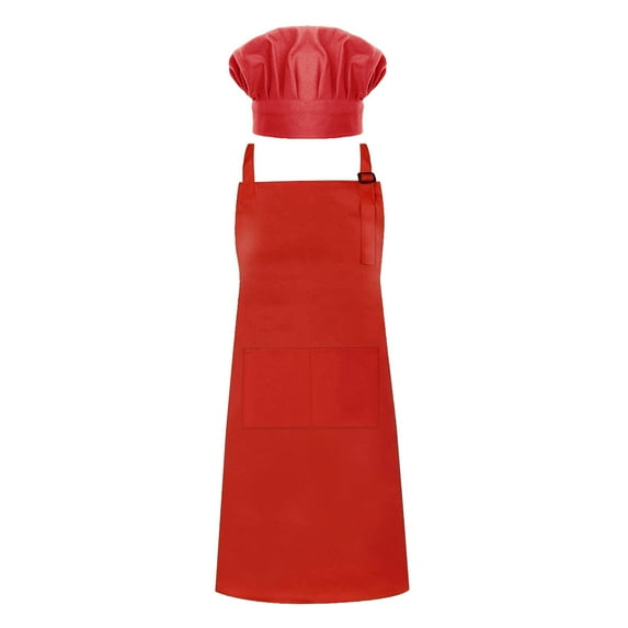 Toptie Cotton Canvas Adjustable Apron Chef Hat Set for Men and Women-Red-L