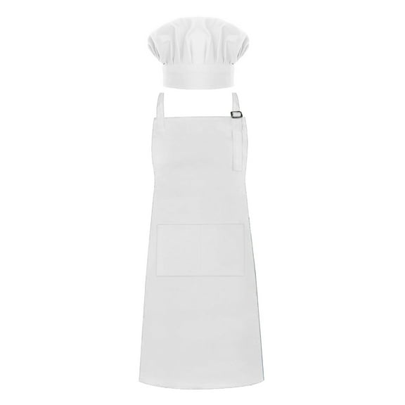 Toptie Cotton Canvas Adjustable Apron Chef Hat Set for Men and Women-White-L
