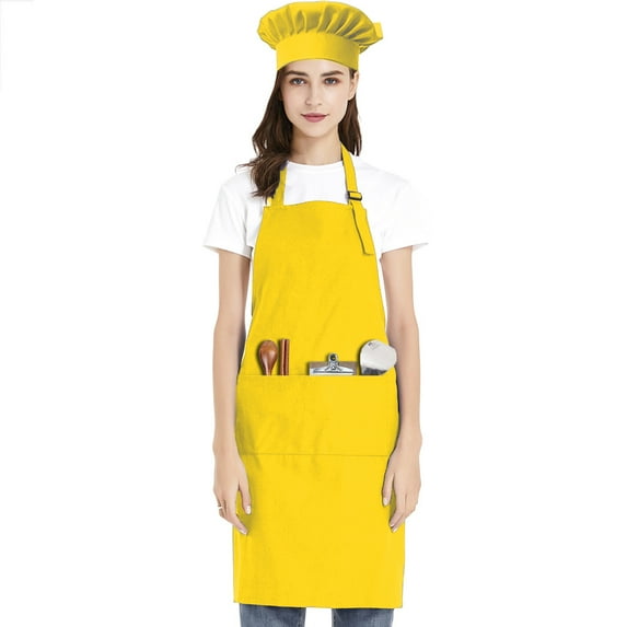 Toptie Cotton Canvas Adjustable Apron Chef Hat Set for Men and Women-Yellow-XL