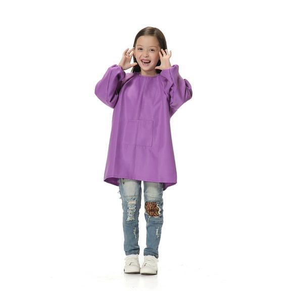 Toptie Cotton Kids Smock Apron for Hair Grooming Painting Cooking with Front Pocket & Long Sleeve, for Age 1-9 years-Purple-L