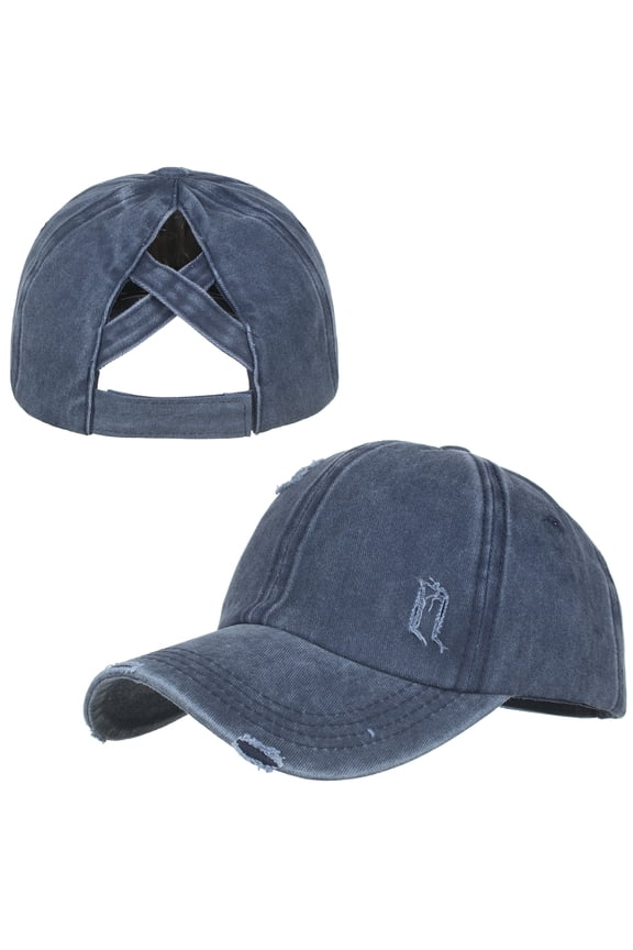 Criss Cross Distressed Ponytail Baseball Cap for Women, Washed Messy High Bun Ponytail Hat-Navy