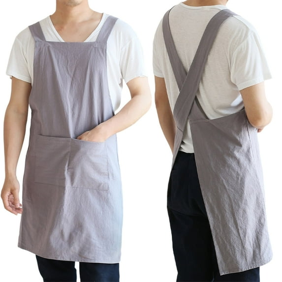 Toptie Cross Back Kitchen Apron with Two Pockets for Men, Cotton Linen Christmas Apron - Gray