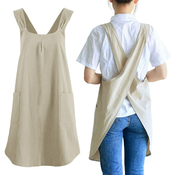 Toptie Cross Back Kitchen Apron with Two Pockets for Women, Cotton Linen Christmas Apron - Khaki