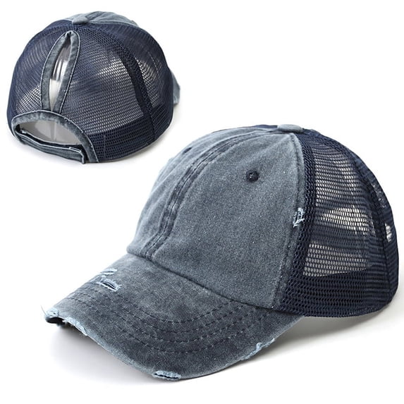 Toptie Distressed Messy High Bun Ponytail Baseball Cap for Women Vintage Washed Cotton Ponytail Hat-Navy