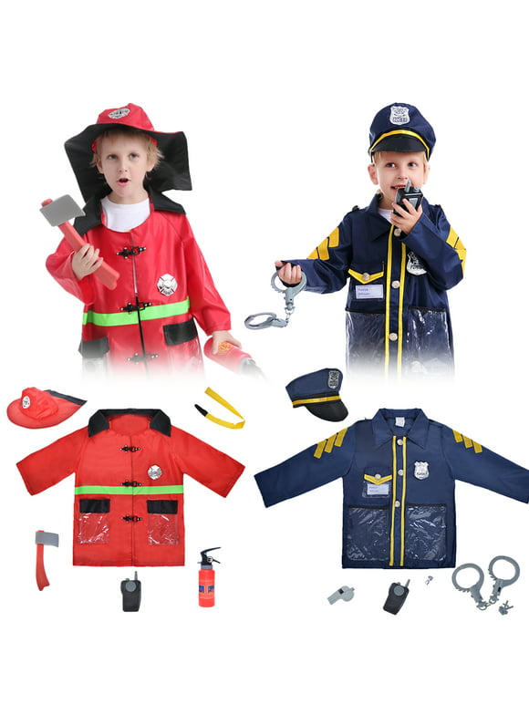 Toptie Firefighter & Police Pretend Play Set for Kids, Preschool Dress Up Clothes for Boys Girls