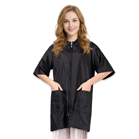 TOPTIE Nylon Salon Hairstylist Smock Barber Haircut Jacket, Dog Pet Grooming Work Shirt Uniform with Zip Closure-Black-M