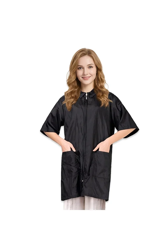 Nylon Salon Hairstylist Smock Barber Haircut Jacket, Dog Pet Grooming Work Shirt Uniform with Zip Closure-Black-M