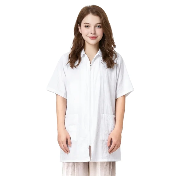 TOPTIE Nylon Salon Hairstylist Smock Barber Haircut Jacket, Dog Pet Grooming Work Shirt Uniform with Zip Closure-White-L