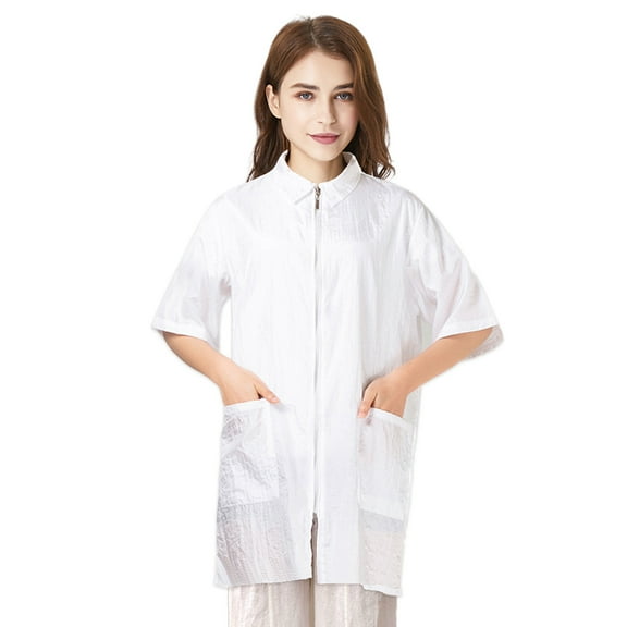TOPTIE Nylon Salon Hairstylist Smock Barber Haircut Jacket, Dog Pet Grooming Work Shirt Uniform with Zip Closure-White-XL