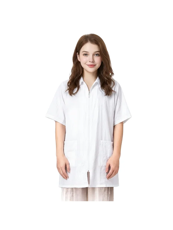 Nylon Salon Hairstylist Smock Barber Haircut Jacket, Dog Pet Grooming Work Shirt Uniform with Zip Closure-White-XL