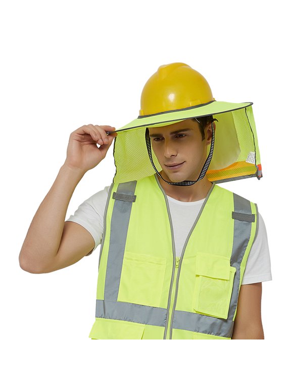 Hard Hat Sun Shield, Full Brim Mesh Neck Sun-Shade with Visor for Hardhats, High Visibility and Reflective