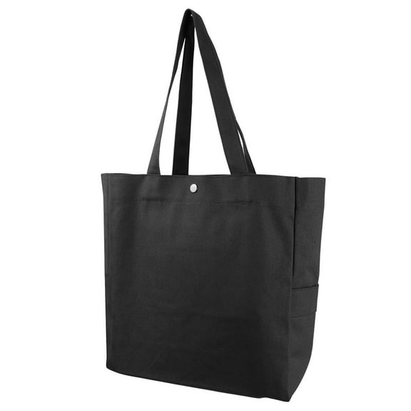Toptie Heavy Canvas Shoulder Bag with Sides Patch Pockets, Large Black Tote Shoulder Bag for School, Grocery, Shopping
