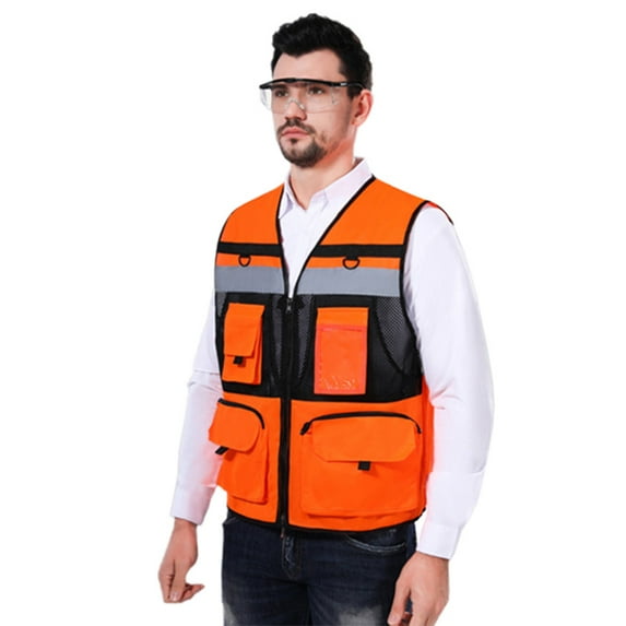 Toptie Heavy Duty Industrial Safety Vest, Breathable High Visibility Vest with Multi Frontal Pockets-Orange-M
