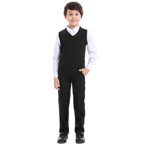 Toptie Kid Uniform Sweater Vest V-Neck Cotton Knit Pullover (Navy / Black)-Black-12