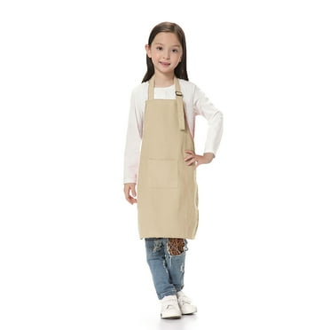 Toptie Kid's Bib Chef Aprons with Pocket & Adjustable Strap, for Painting Baking Kitchen Cooking-Khaki-M