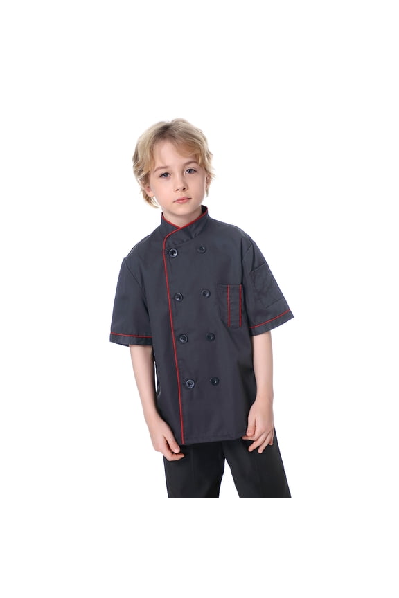 Kid's Chef Coat For Cook Uniform Halloween Costume-black with red-8