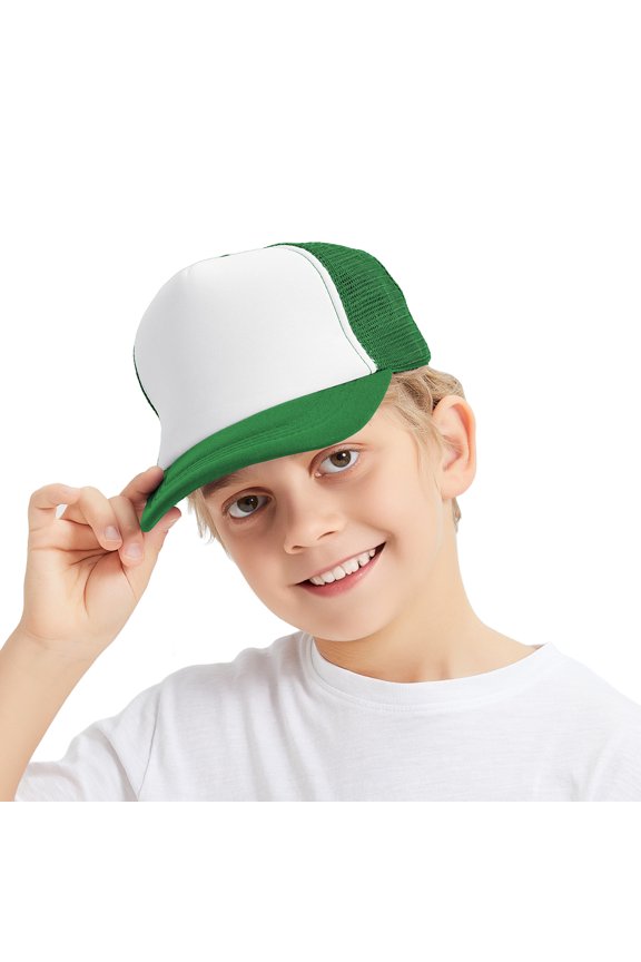 Kids 5 Panel Trucker Cap Mesh Snapback Hat Foam Front for Boys Girls Aged 3-7 Years Old-Green/White
