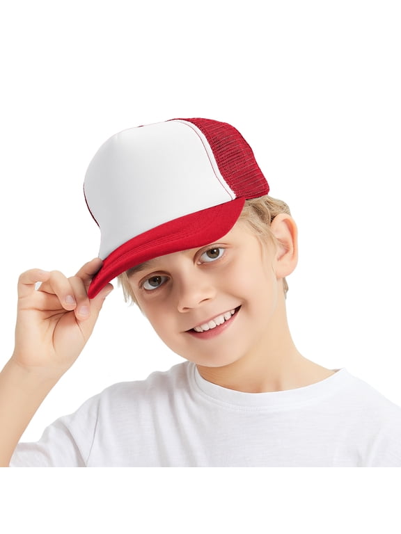 Kids 5 Panel Trucker Cap Mesh Snapback Hat Foam Front for Boys Girls Aged 3-7 Years Old-Red/White