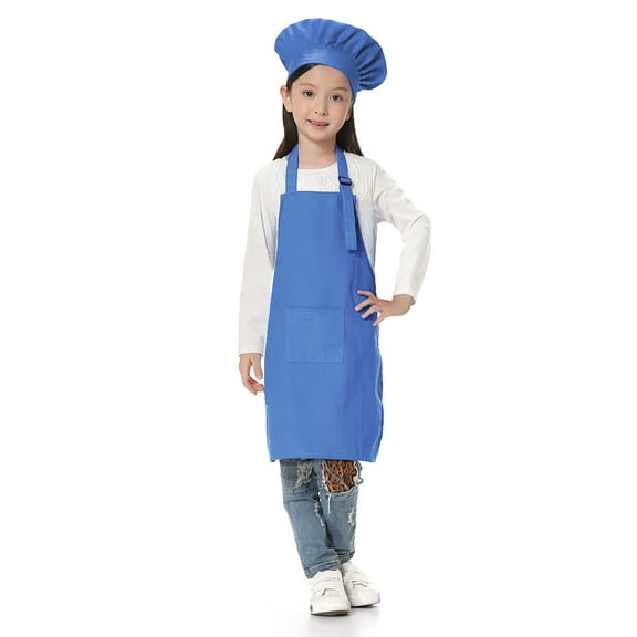 TOPTIE Kids Apron and Chef Hat Set, Adjustable Cotton Child Cooking Kitchen Apron, S-XXL-Blue-L