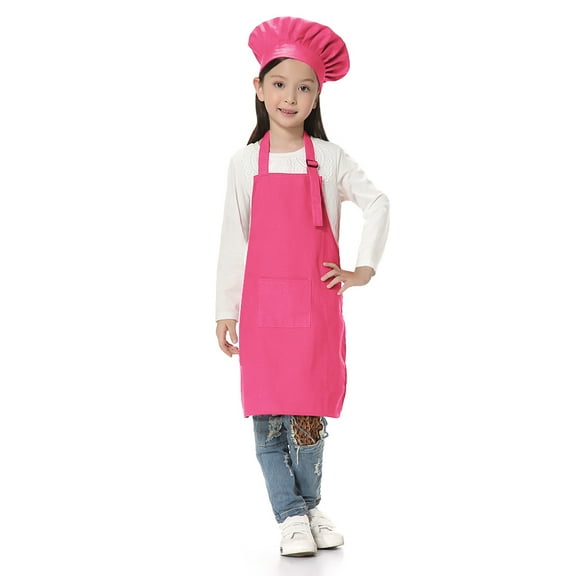 TOPTIE Kids Apron and Chef Hat Set, Adjustable Cotton Child Cooking Kitchen Apron, S-XXL-Hot Pink-L