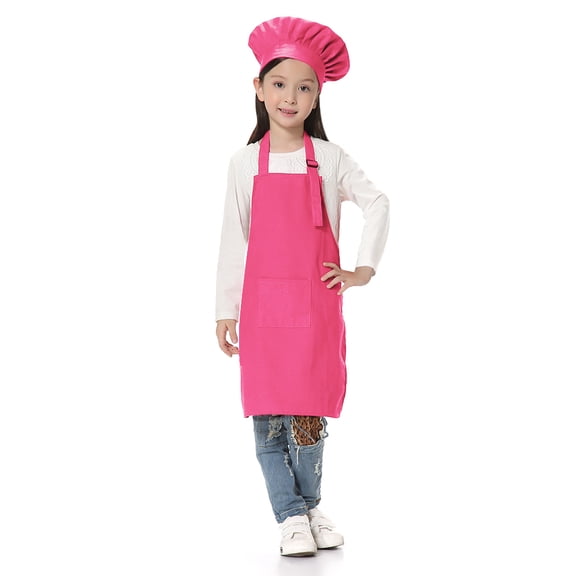 TOPTIE Kids Apron and Chef Hat Set, Adjustable Cotton Child Cooking Kitchen Apron, S-XXL-Hot Pink-M