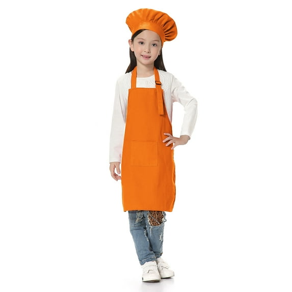 TOPTIE Kids Apron and Chef Hat Set, Adjustable Cotton Child Cooking Kitchen Apron, S-XXL-Orange-M