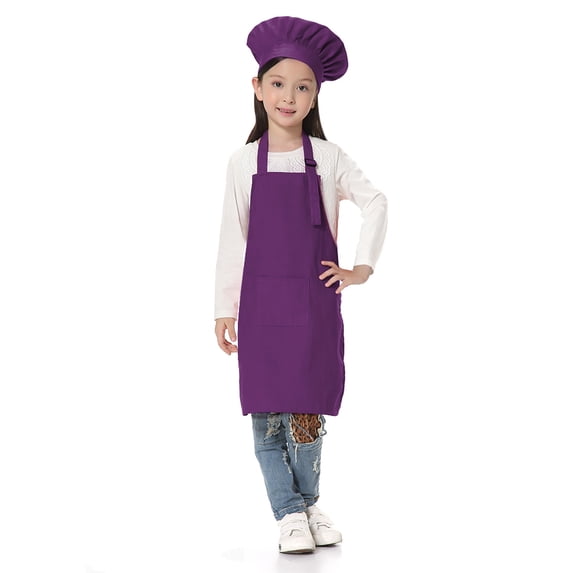 TOPTIE Kids Apron and Chef Hat Set, Adjustable Cotton Child Cooking Kitchen Apron, S-XXL-Purple-XL