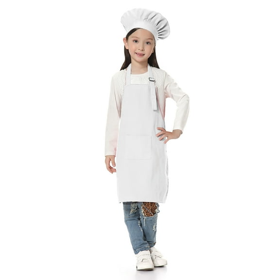 TOPTIE Kids Apron and Chef Hat Set, Adjustable Cotton Child Cooking Kitchen Apron, S-XXL-White-L